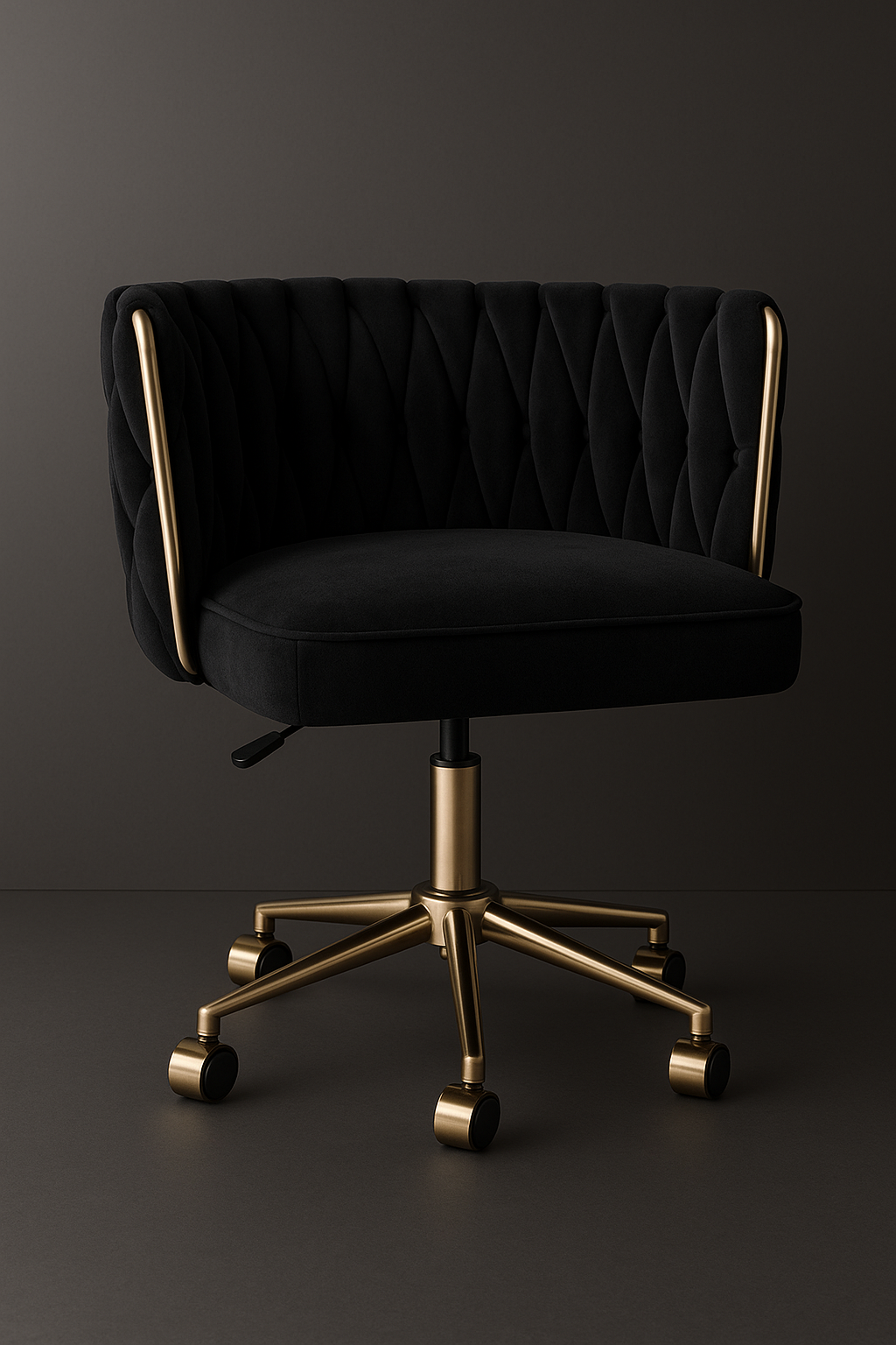 Velvet makeup chair with elegant gold legs, a comfortable padded seat and a contemporary curved design for vanity tables, beauty rooms and bedrooms.