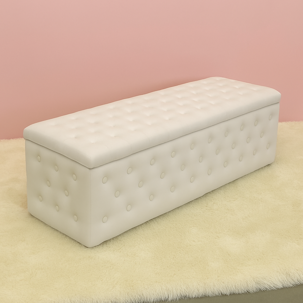 Velvet Vault Luxe Tufted Storage Ottoman with premium suede upholstery, diamond-button tufting, hidden storage compartment and a bench-style design for bedrooms, dressing rooms and living spaces by Vanity Vault.