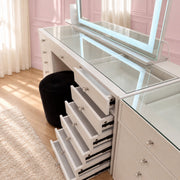 White dressing table with a choice of glass or solid white top, spacious storage drawers and a modern high-gloss finish for stylish beauty rooms and bedrooms.