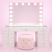 White Hollywood makeup vanity package featuring the Dollface Vanity, Luna Luxe LED Hollywood Mirror and Marshmellow Ottoman for luxury beauty rooms and dressing spaces.