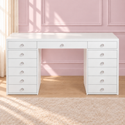 White makeup vanity with spacious storage drawers, a premium high-gloss finish and a choice of glass or solid white top for beauty rooms, bedrooms and dressing tables — with clear faceted crystal drawer knobs.