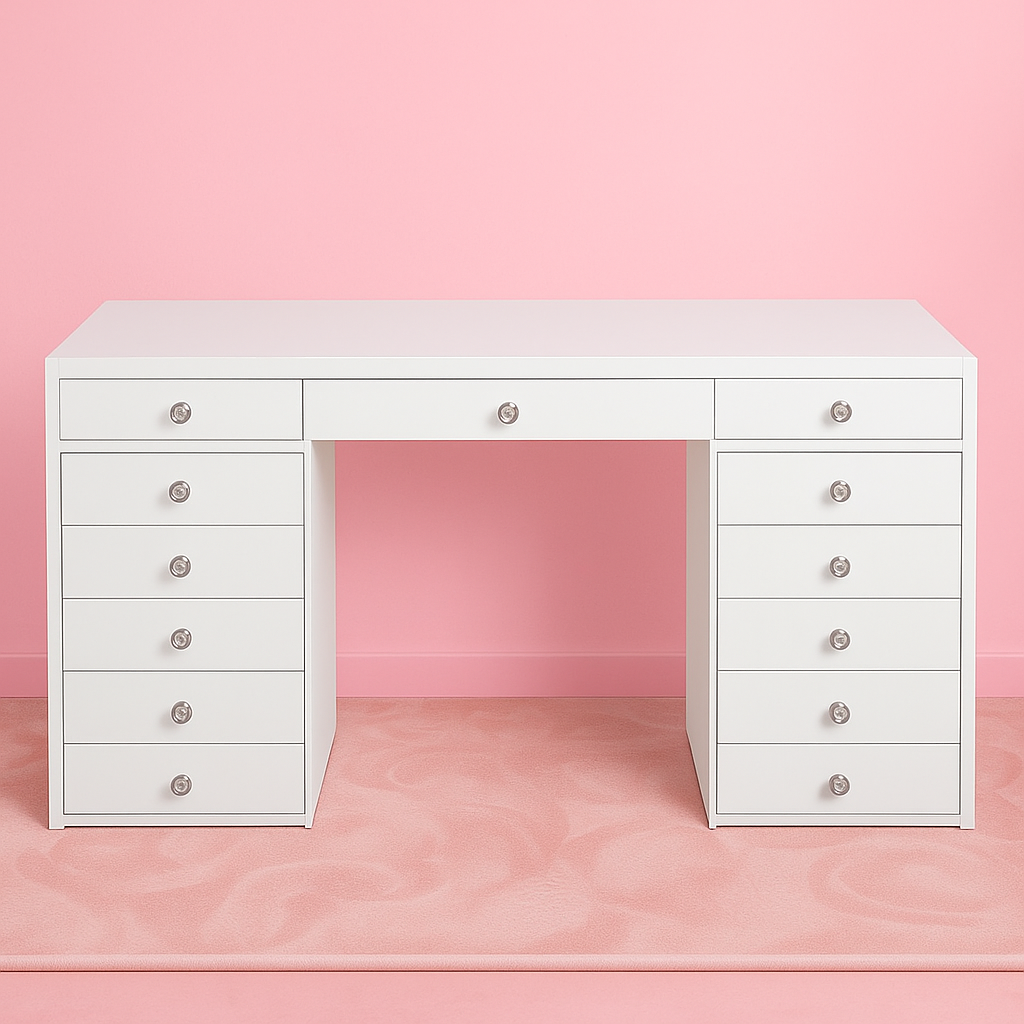 White makeup vanity with spacious storage drawers, a premium high-gloss finish and a choice of glass or solid white top for beauty rooms, bedrooms and dressing tables.