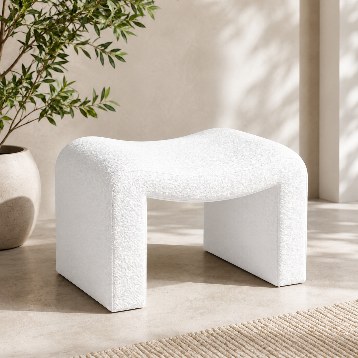 Willow Curve bouclé makeup chair for vanity table in white with modern curved design and padded seat by Vanity Vault.