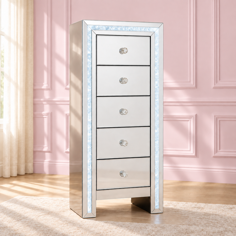 The Winter Whisper Tallboy in a soft blush pink setting