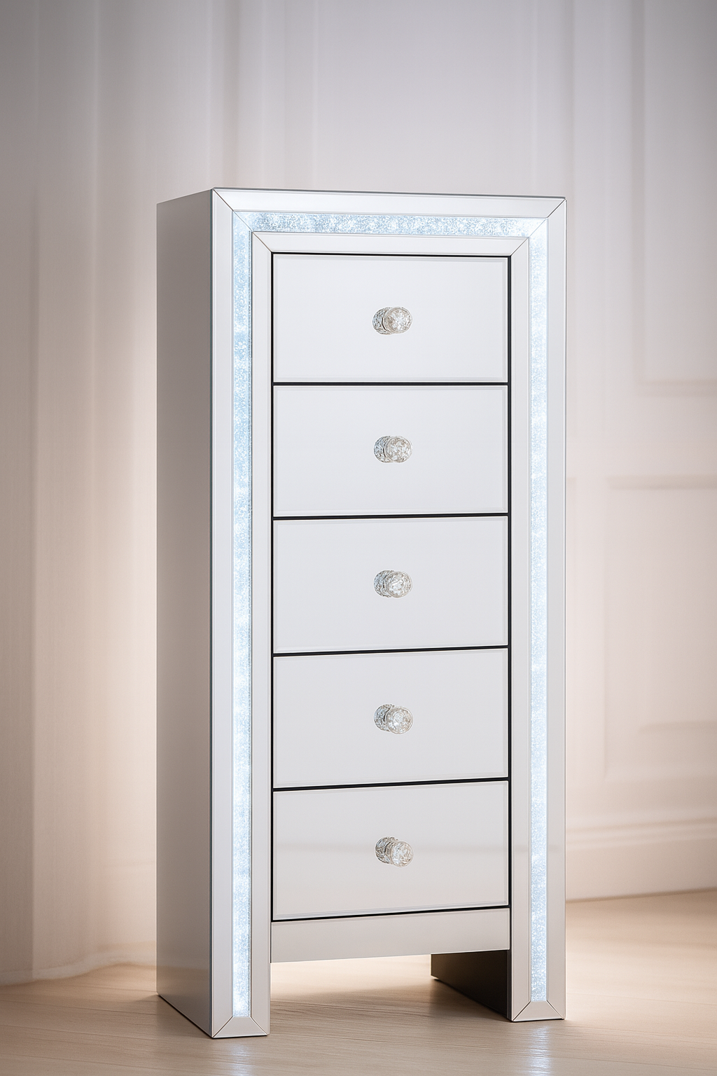 Winter Whisper LED mirrored tallboy with crushed crystal detailing, spacious storage drawers, crystal knobs and a luxury mirrored finish for bedrooms, dressing rooms and beauty spaces by Vanity Vault.