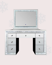 Premium Winter Whisper Collection makeup vanity package in Australia featuring a mirrored vanity, LED Hollywood mirror, matching vanity seat and crushed crystal detailing for luxury beauty rooms by Vanity Vault.