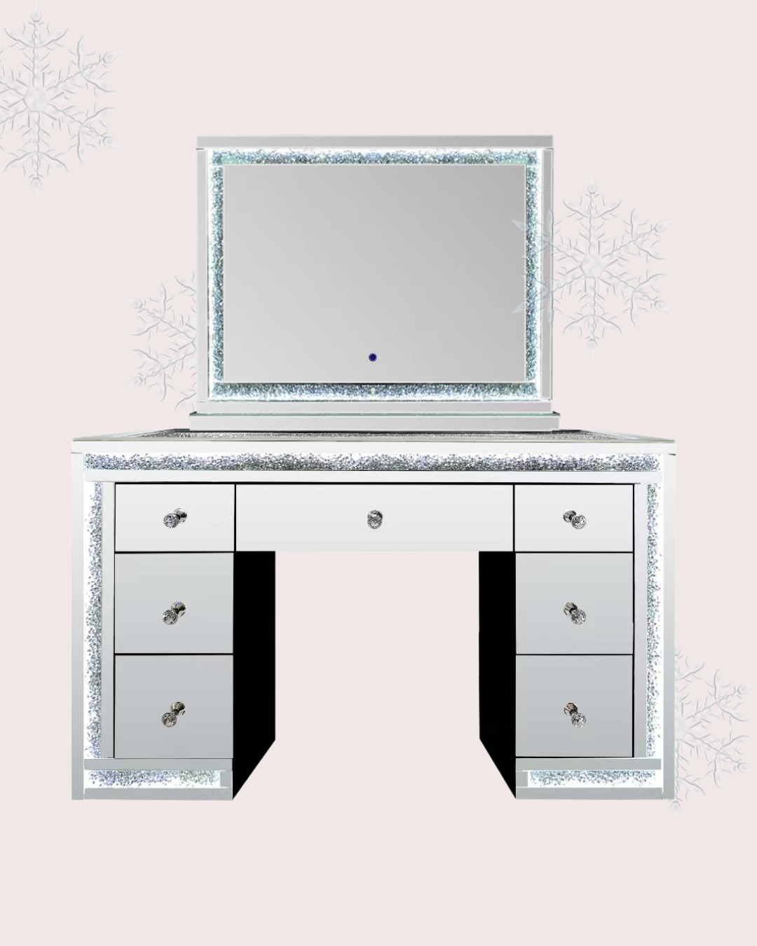 Premium Winter Whisper Collection makeup vanity package in Australia featuring a mirrored vanity, LED Hollywood mirror, matching vanity seat and crushed crystal detailing for luxury beauty rooms by Vanity Vault.