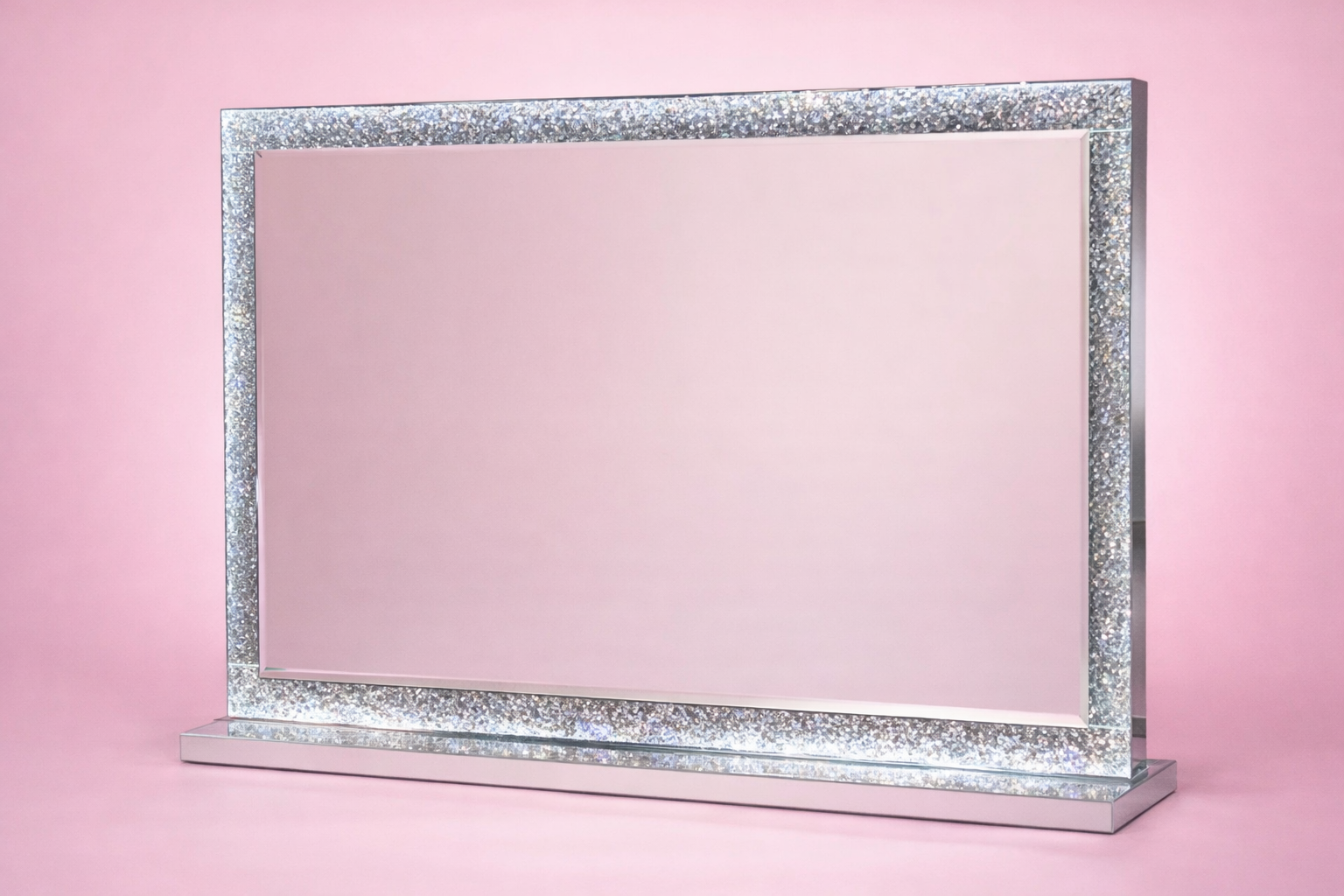 Winter Whisper mirrored Hollywood mirror with soft LED lighting, crushed crystal detailing and a luxury mirrored frame for makeup vanities, dressing tables and beauty rooms by Vanity Vault