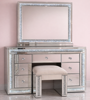 Winter Whisper Collection mirrored makeup vanity package featuring the Winter Whisper Vanity, Winter Whisper LED Mirror and matching Winter Whisper Seat with crushed crystal detailing for luxury beauty rooms by Vanity Vault.