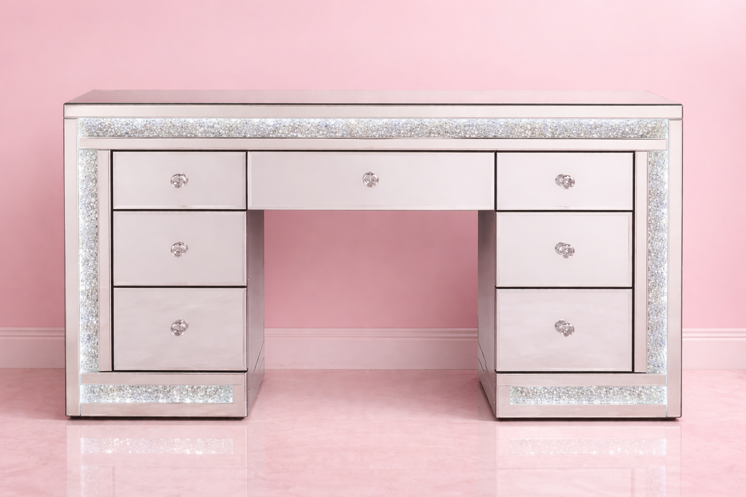 Winter Whisper mirrored makeup vanity with LED lighting, crushed crystal detailing, 7 storage drawers and a luxury dressing table design for bedrooms and beauty rooms by Vanity Vault.