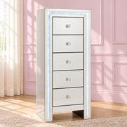 Premium Winter Whisper mirrored tallboy in Australia featuring built-in LED lighting, crushed crystal detailing, crystal knobs and spacious storage drawers for luxury interiors.