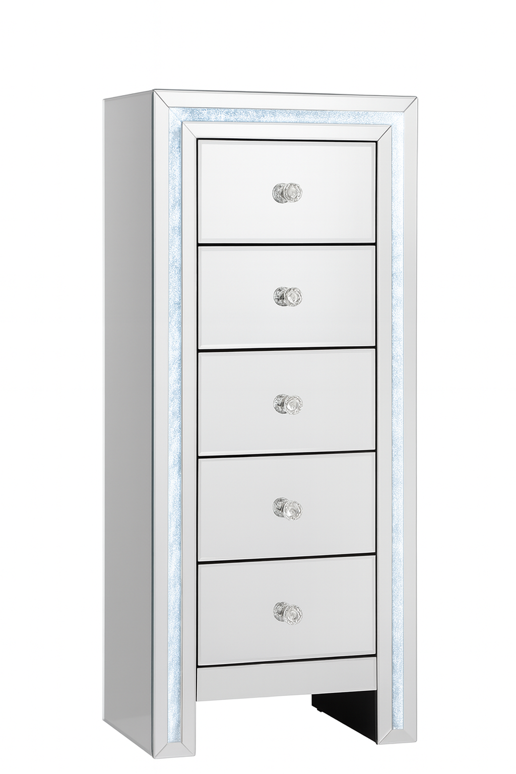 Premium Winter Whisper mirrored tallboy in Australia featuring built-in LED lighting, crushed crystal detailing, crystal knobs and spacious storage drawers for luxury interiors.