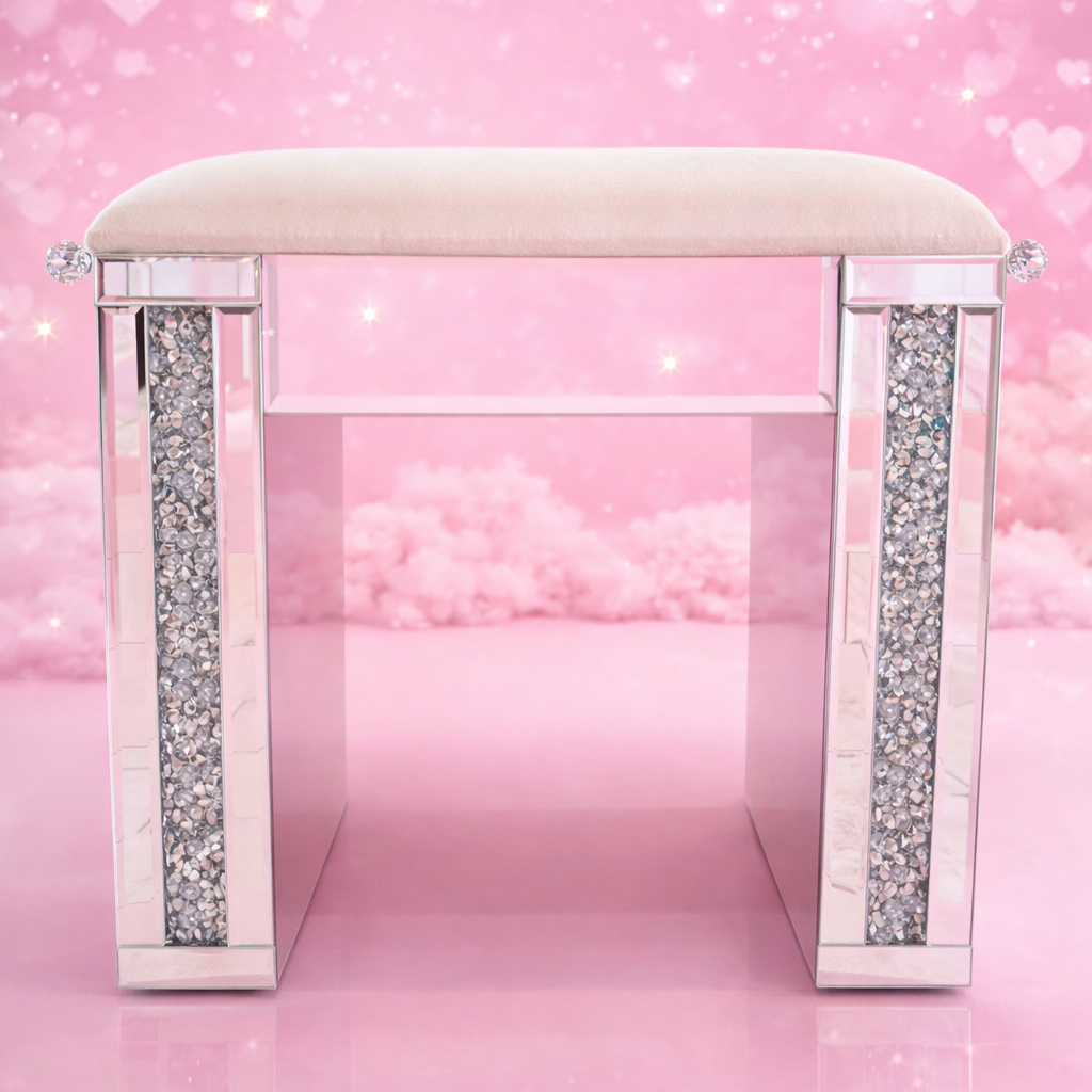 Winter Whisper mirrored vanity seat with a soft cushioned top, sparkling crystal detailing and glamorous mirrored finish, perfect for makeup vanities, dressing tables and beauty rooms by Vanity Vault.