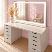 XL Hollywood mirror with dimmable LED strip lighting, three colour temperatures and a modern frameless design for makeup application, beauty rooms and dressing tables.